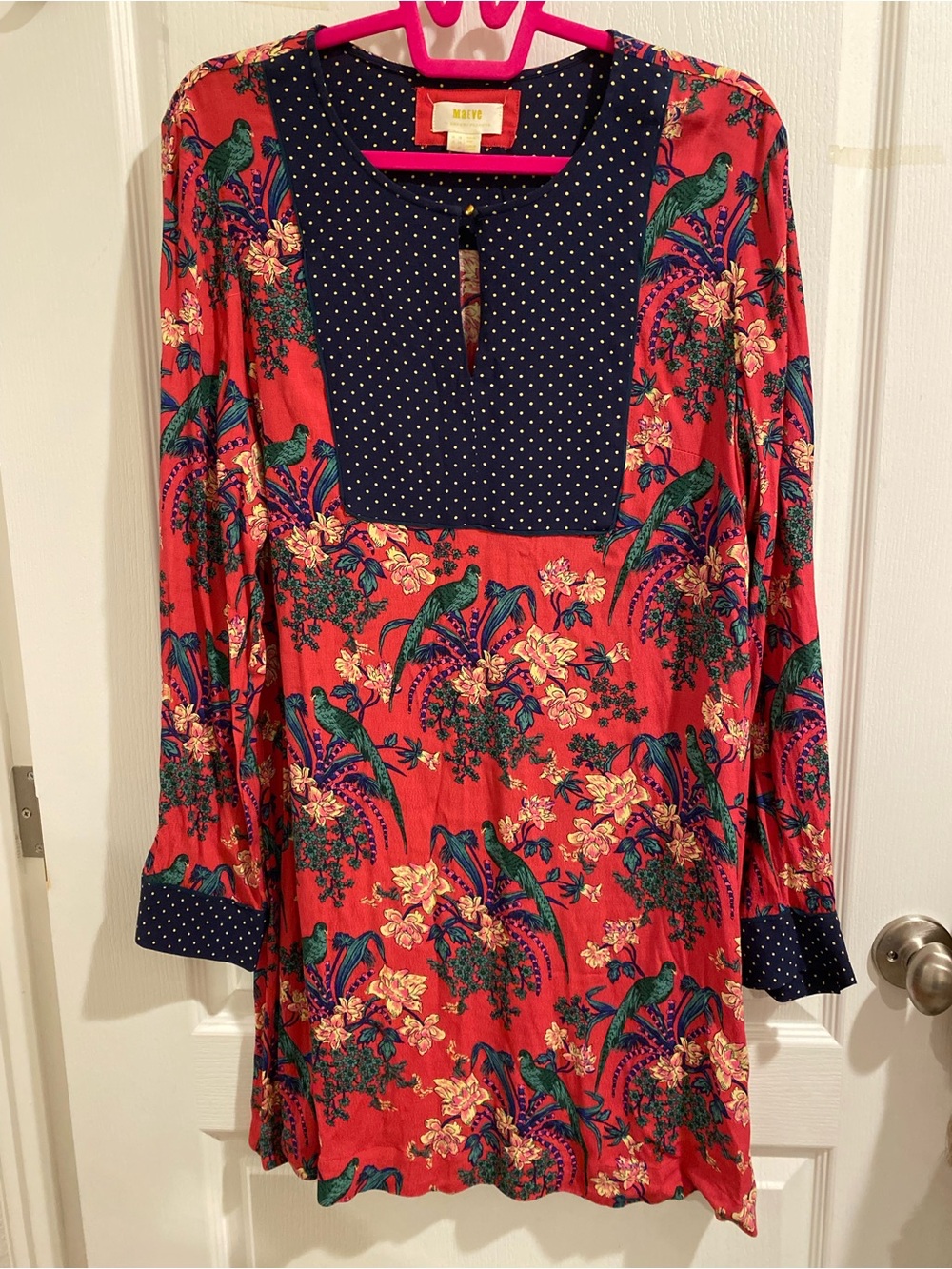 Maeve Red Floral Midi Dress with Navy Polka-Dot Yoke